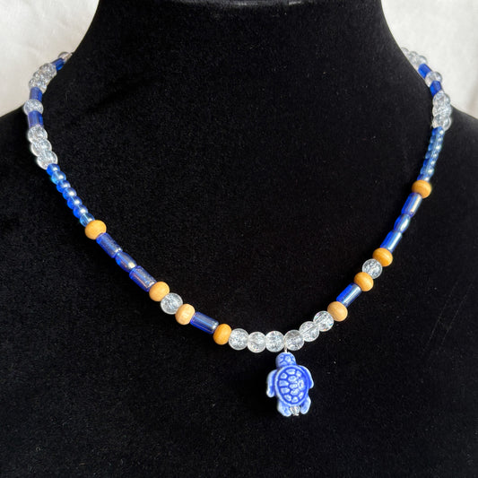 Blue Glass and Wood Turtle Necklace